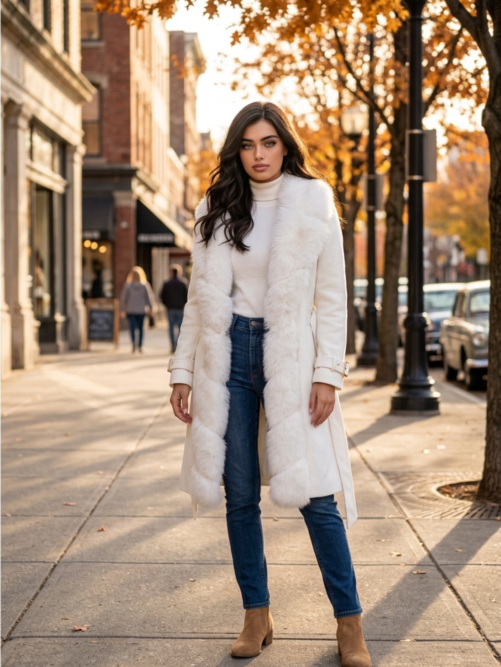Elegant Women's White Faux-Fur Trim Coat